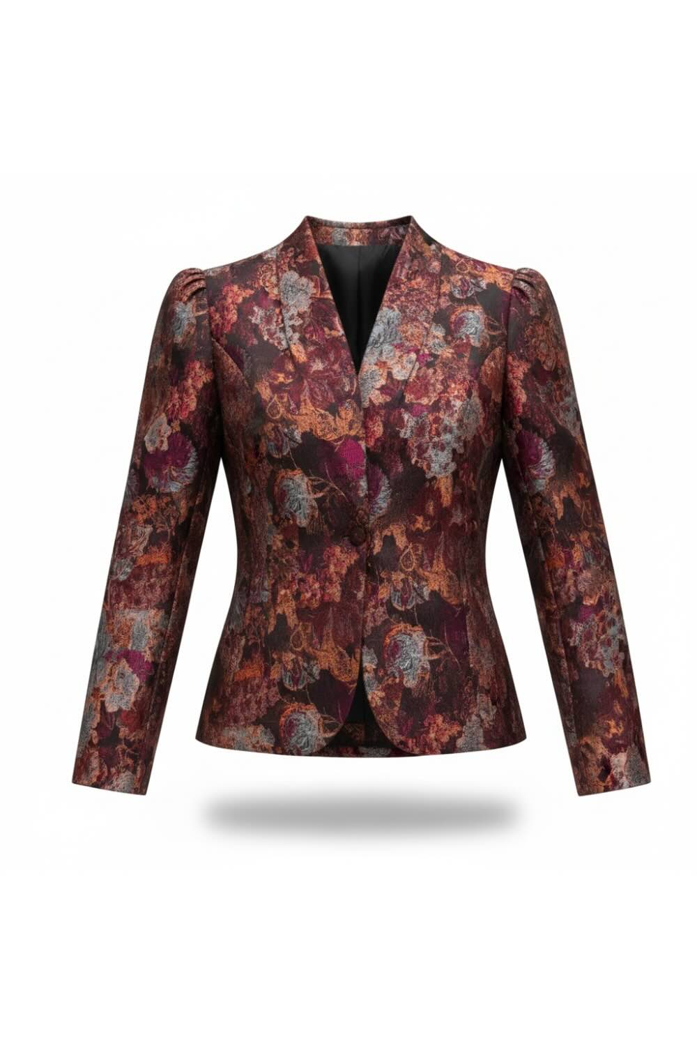 Floraler Jacquard-Blazer mit Stehkragen und Puffärmeln in Magenta