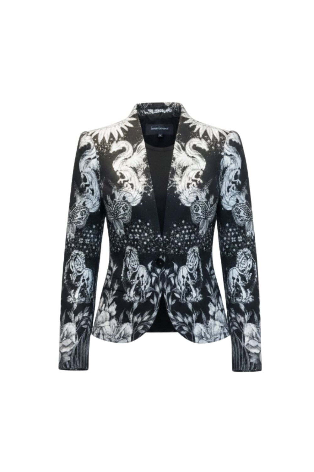 Abstrakter Jacquard-Blazer mit Stehkragen und Puffärmeln