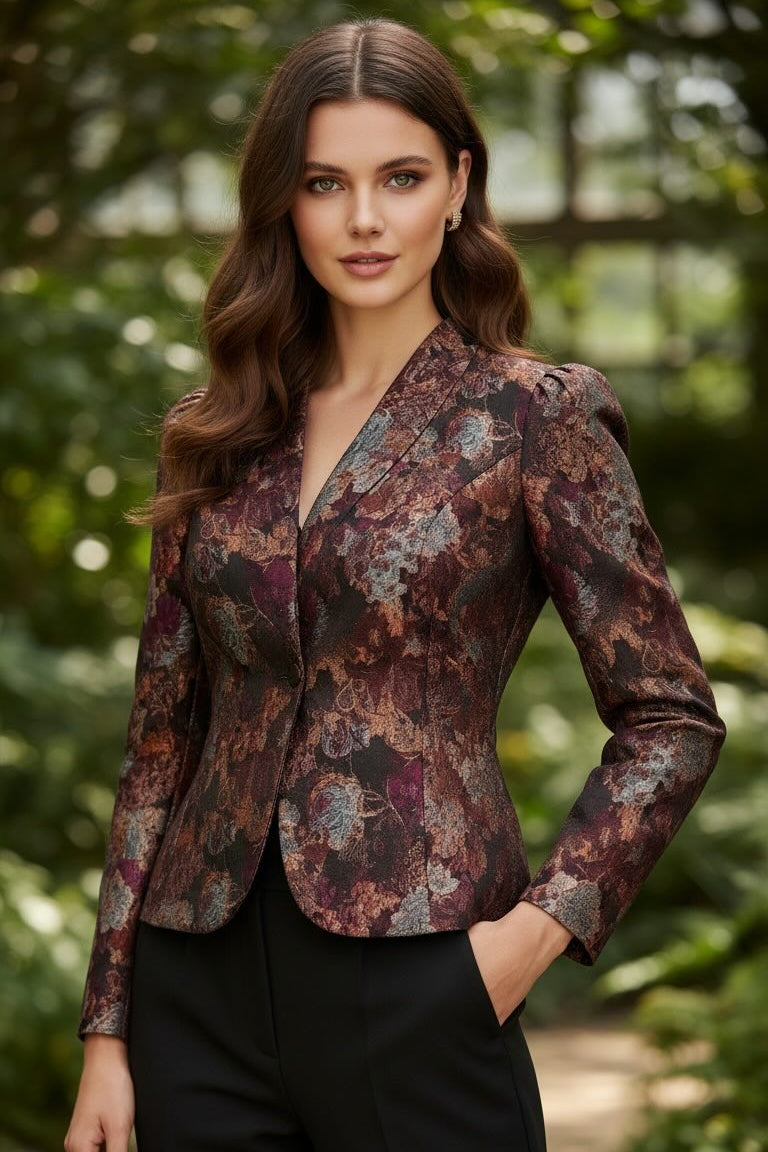 Floraler Jacquard-Blazer mit Stehkragen und Puffärmeln in Magenta