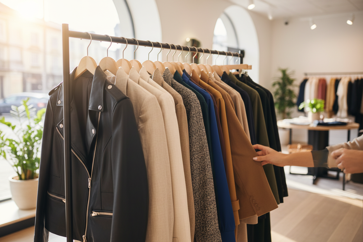 Kleiderstange mit Jacken und Blazern die man sich anschaut